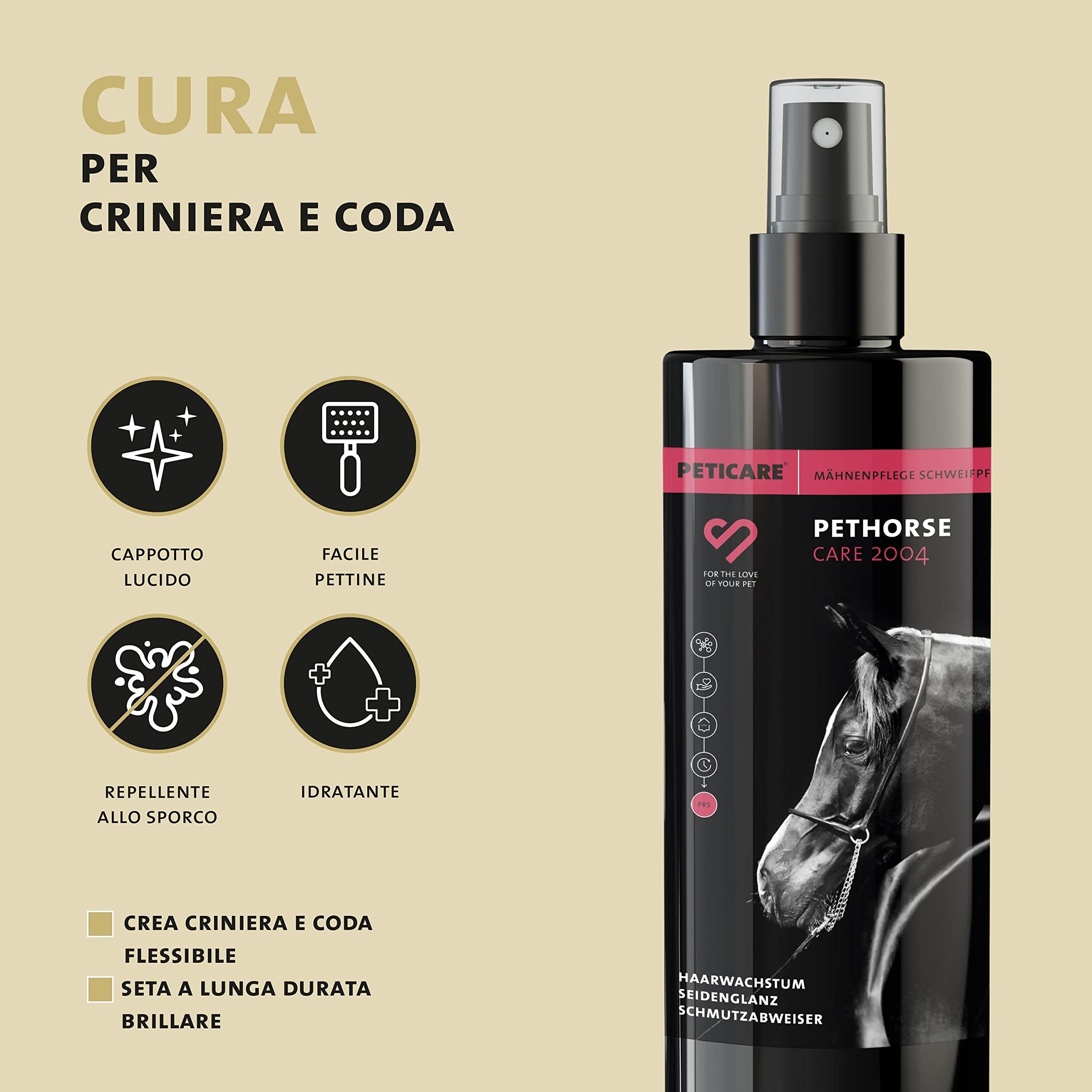 Peticare Spray Scioglinodi Criniera e Coda Cavalli – Contro Nodi e Feltri – con Caffeina e Proteine della Seta – Spray Lucidante