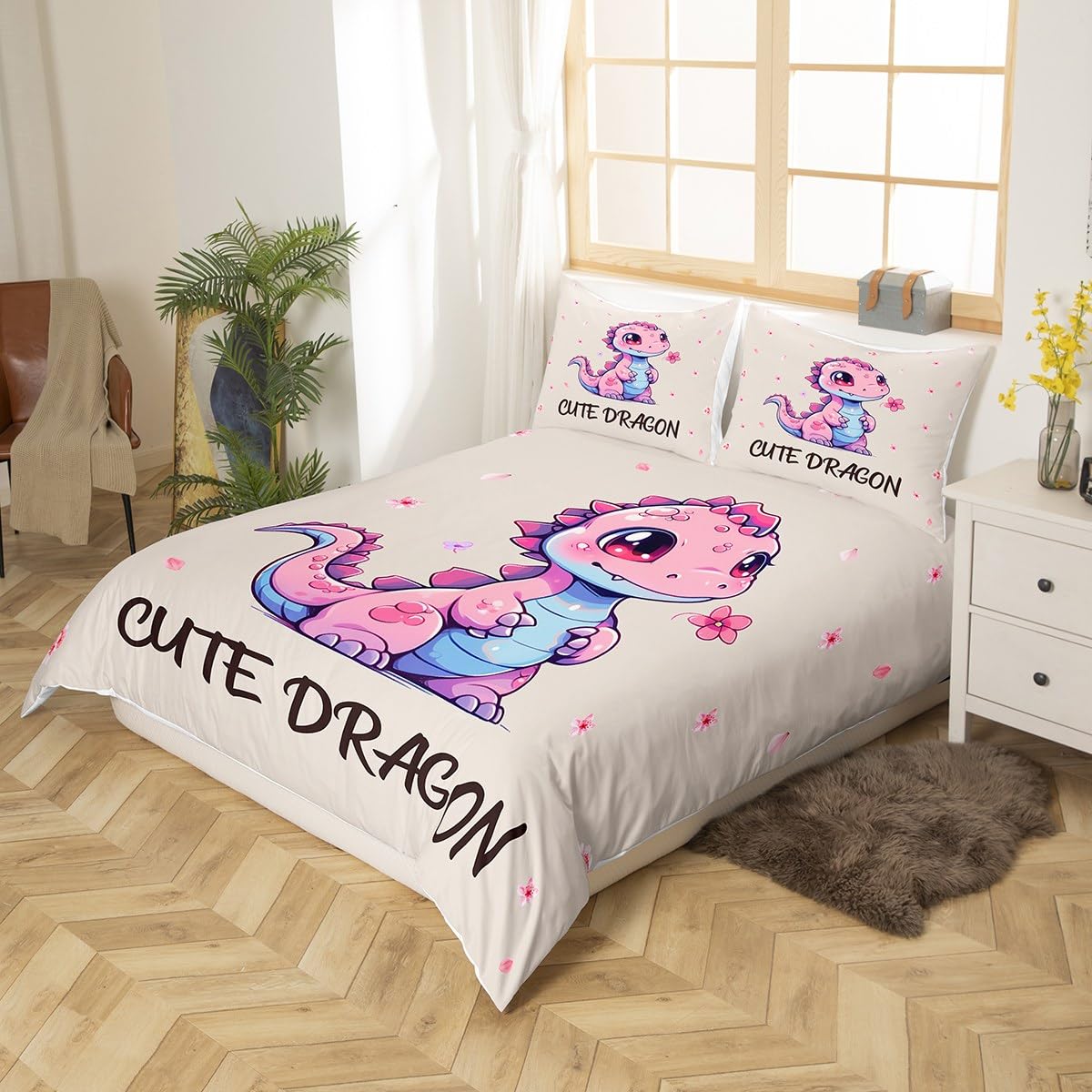Cute Dragon Duvet Cover Set King Size Pink Kawaii Dragon Animal Bedding Set for Kids Teens Room Decor Falling Cherry Floral Comforter Cover Beige Brown Quilt Cover,2 Pillowcases(No Comforter)