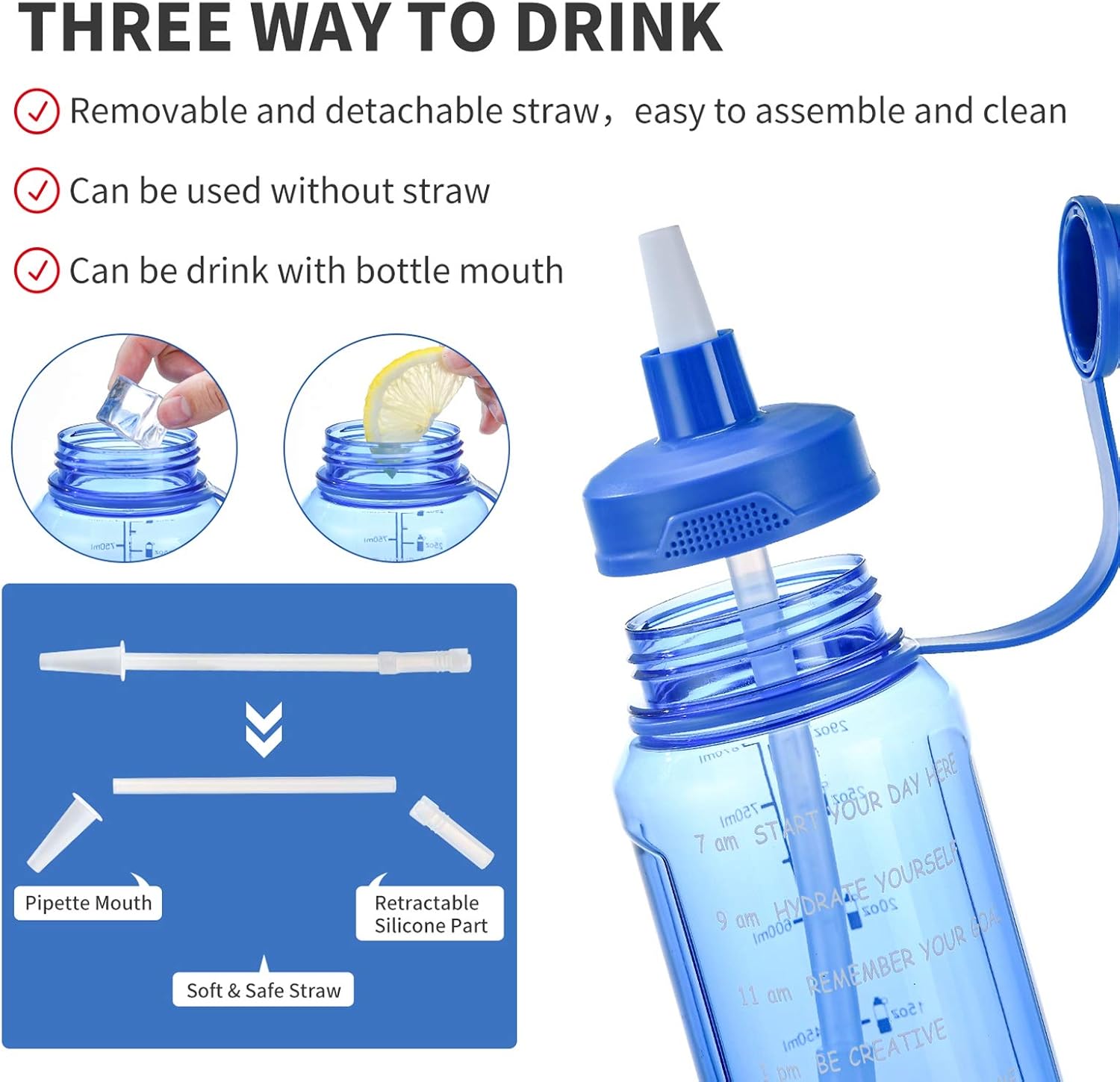 32 oz Motivational Water Bottle with Time Marker Reminder ＆ Straw, Leak-proof No BPA Hydration Sports Daily Water Bottle Jug for Fitness Gym Outdoor Sports Activity (Blue)