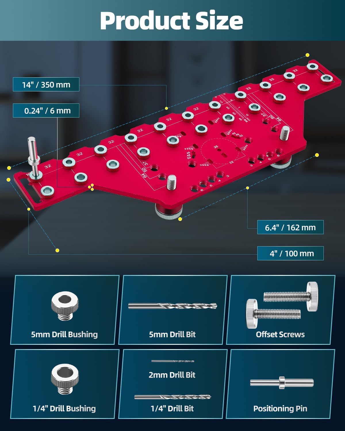 2-in-1 11-Holes Shelf Pin, Concealed Hinge Jig, Drilling Guide with Self-Contained Clamping, All-Metal Jig for Cabinet Hinge & 1/4" 5mm Shelf Pin, Woodworking Drill Guide Tool