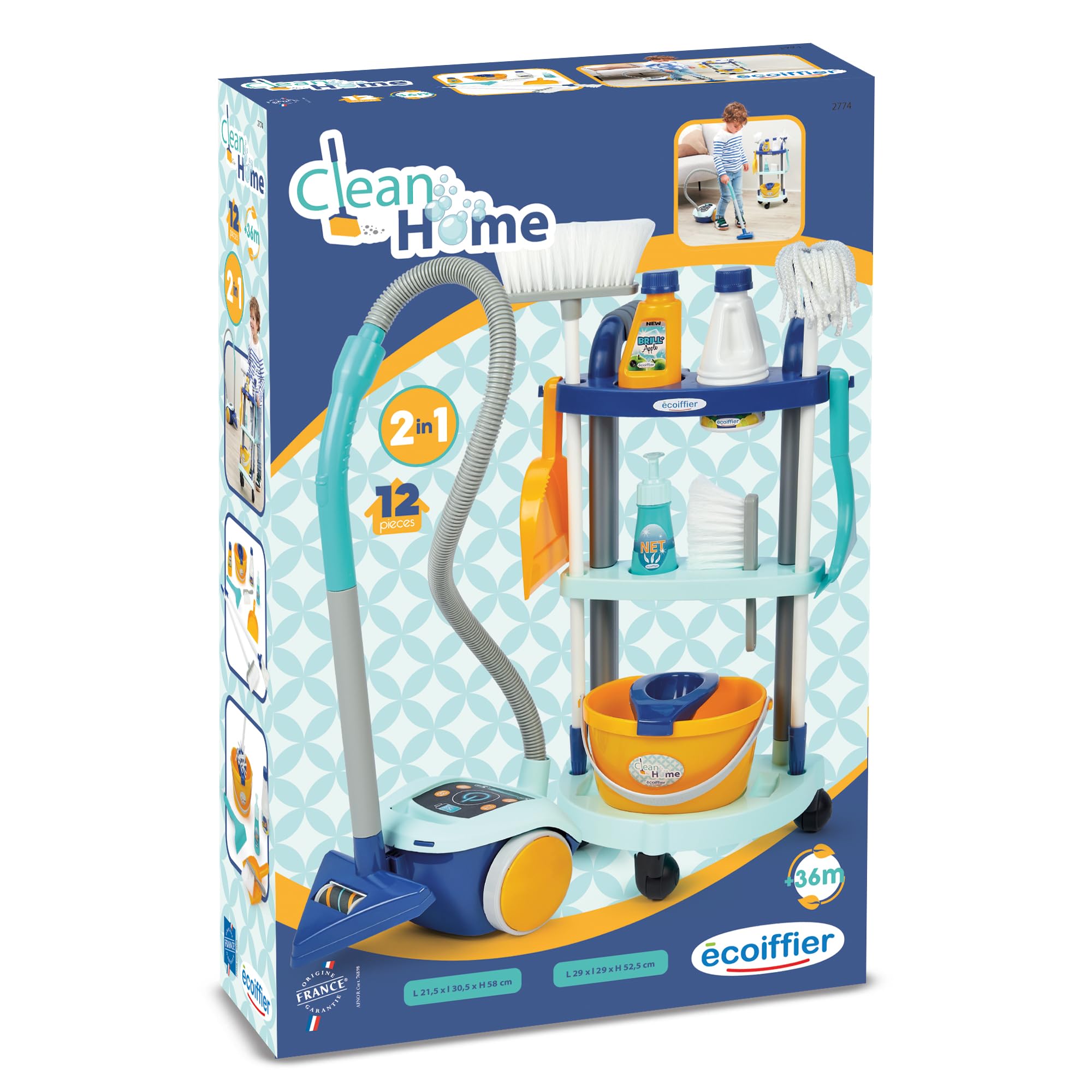 Ecoiffier - Clean Home carrello delle pulizie, 7600002774, +18 mesi, con aspirapolvere e tanti accessori, made in France