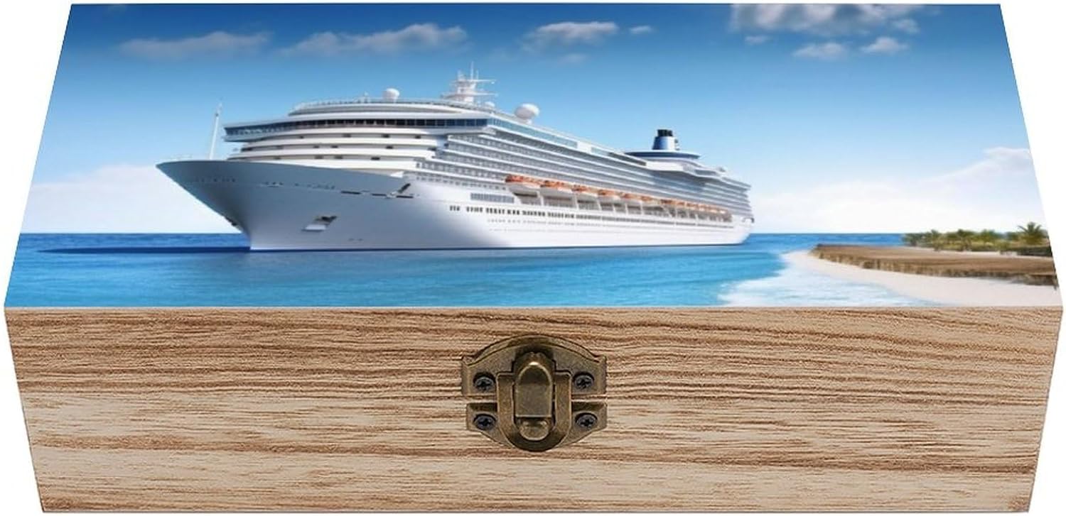 Wooden Storage Box Seaside Cruise Ship Wood Gift Box with Hinged Lid Jewelry Memory Case