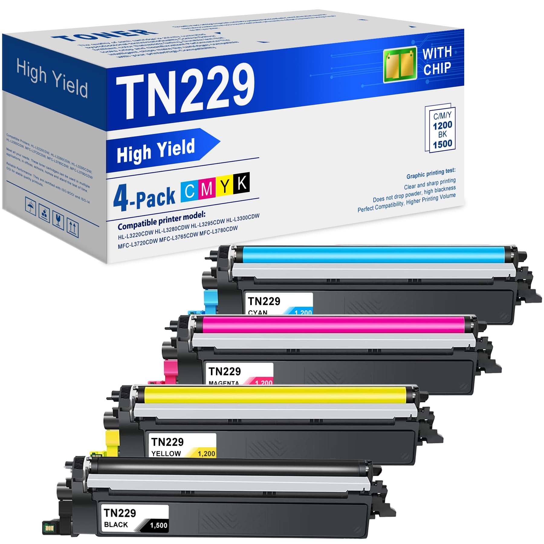TN229 Toner Cartridges 4 Pack Compatible MFC-L3780CDW MFC-L3720CDW Toner Replacement for Brother TN229 TN229XL Toner for HL-L3280CDW HL-L3220CDW