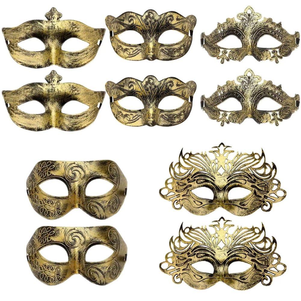 Baokuan Men's Gold 10Pcs Mardi Gras Masquerade Mask Venetian Mask Half Face Mask Vintage Antique Masks For Wo Cosplay Carnival Party