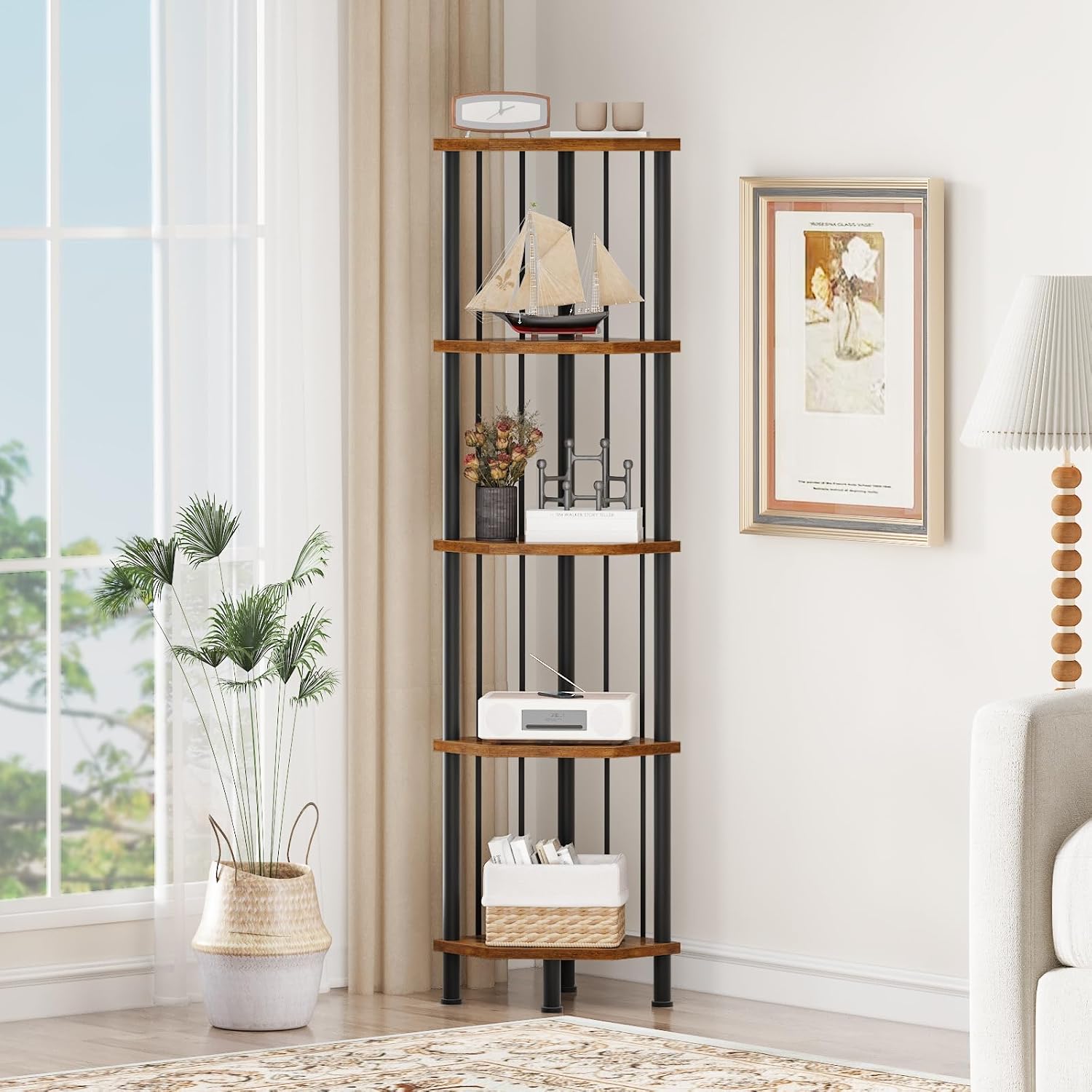 HOOBRO 5-Tier Corner Shelf Stand, Industrial 58.3" Corner Shelf, Corner Bookshelf Storage Stand, Tall Display Shelf Plant Stand for Small Space, Bathroom, Living Room Decor, Rustic Brown BF93CJ01