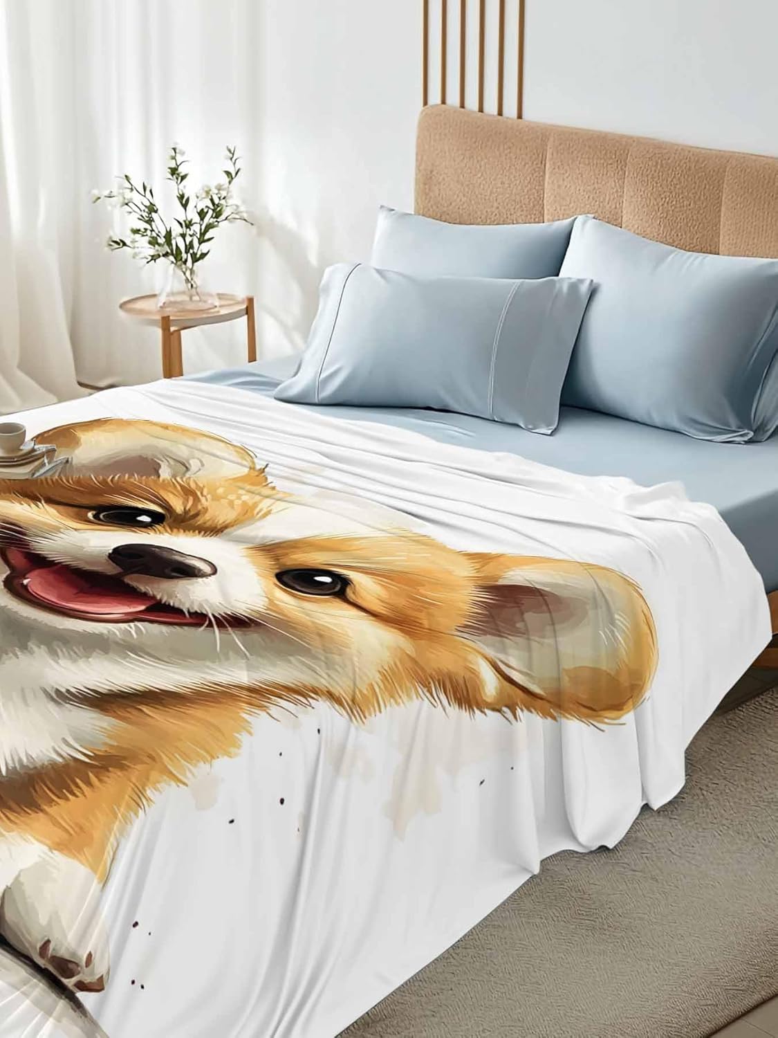 Sitting Puppy Cartoon Full Size Sheets - Hotel Quality Full Flat Sheet Only 1 Pack, Watercolor Cute Dog Animal Soft Bed Sheet Brushed Microfiber Bedding Top Sheets for Home Dorm