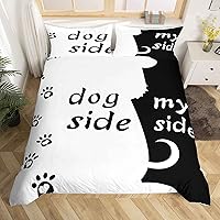 Vista 2 de Juego de ropa de cama estampada con diseño de perro y mi lado, tamaño King, diseño de pareja, color negro y blanco, juego de ropa de cama de perro