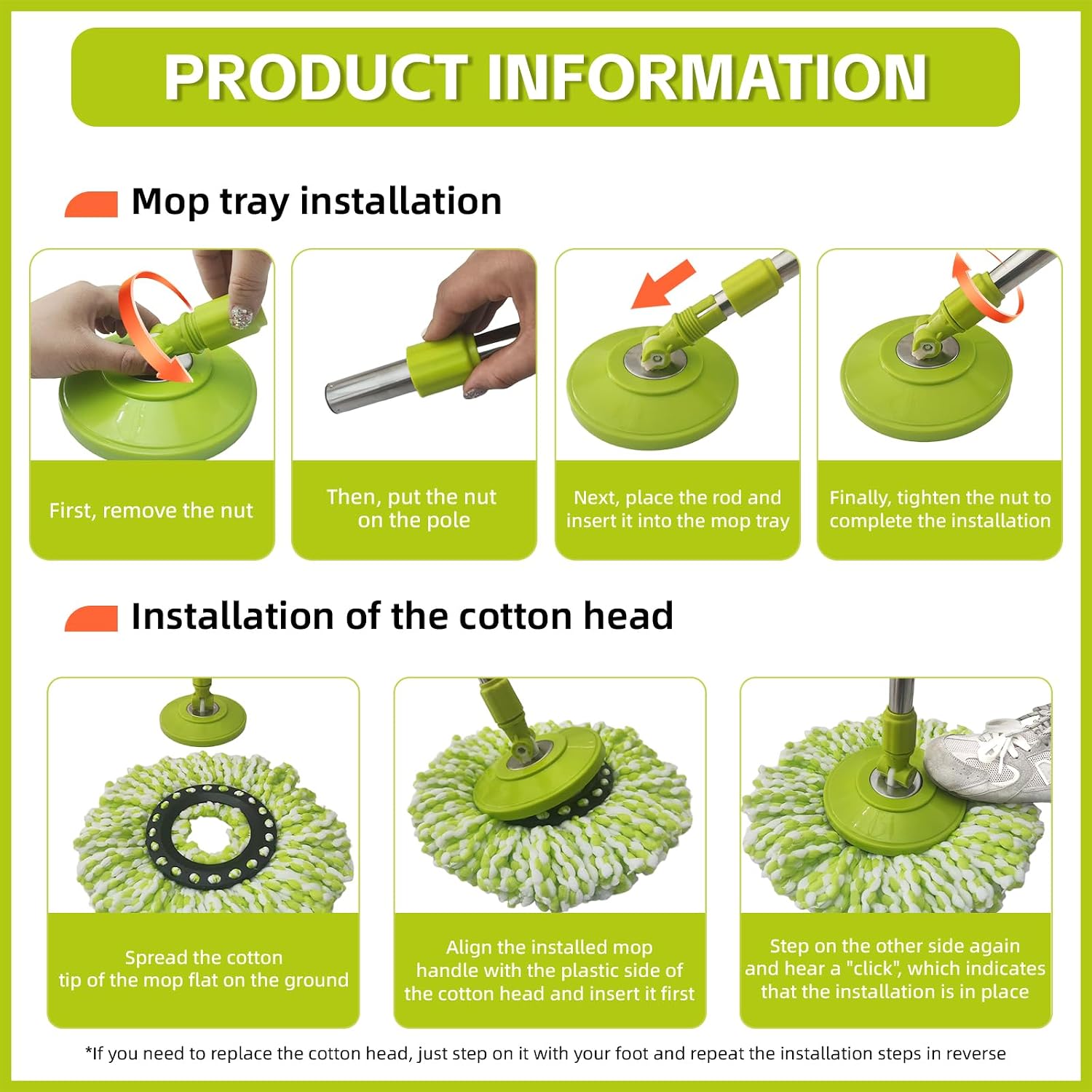 Spin Mop Replacement Handle, 360 Degree Spin Mop Pole Handle, Green