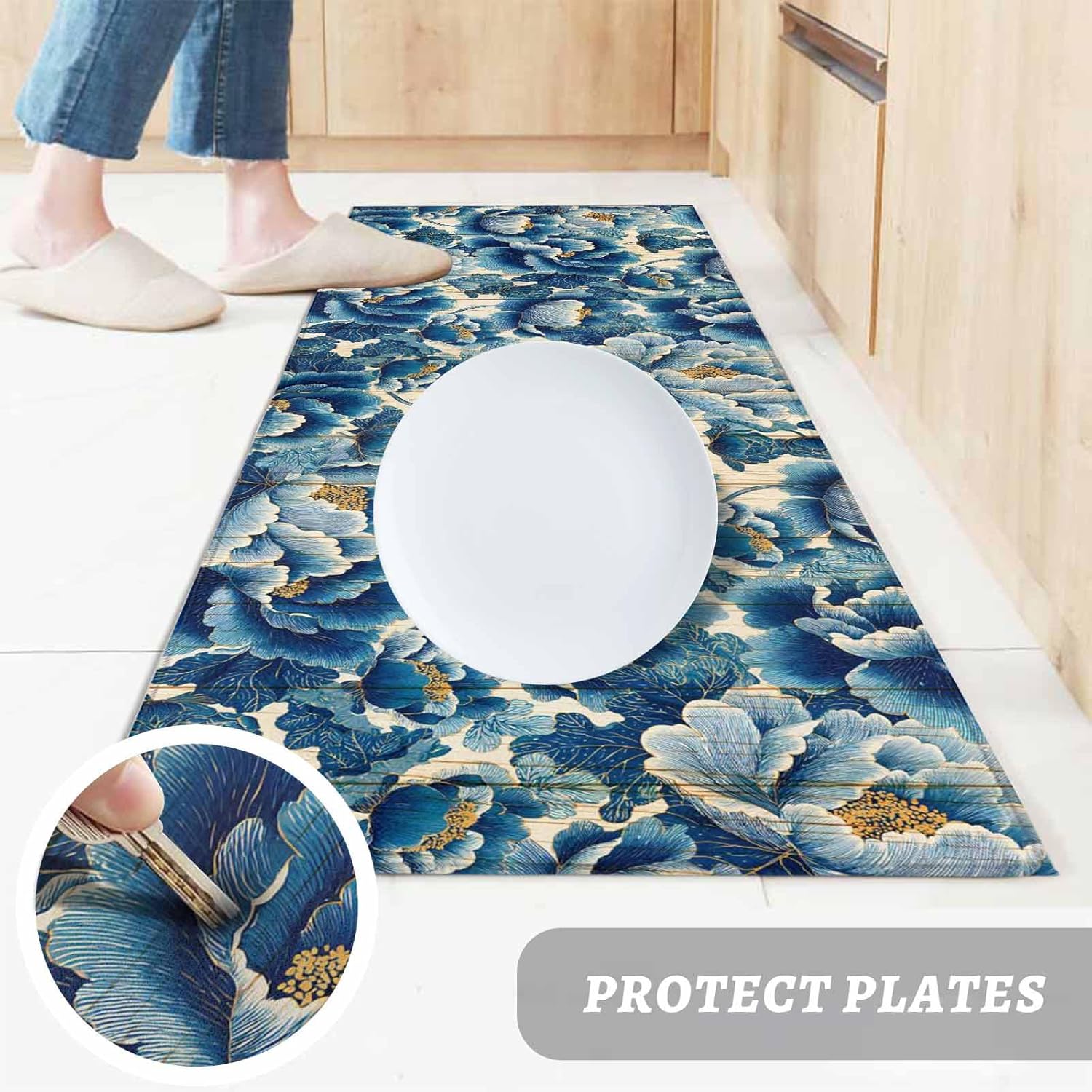 Teamery Kitchen Mats for Floor Watercolor Blue Peonies Washable Non Slip Kitchen Rugs 1PCS, Country Floral on Wood Board Absorbent Standing Mats for Sink Bathroom Office Living Room 23.6x70.9in