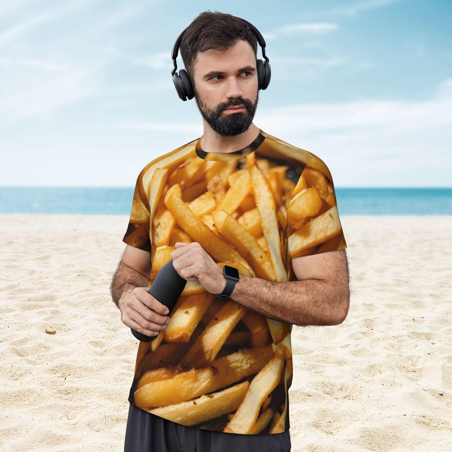 Fast Food Print Mens Short Sleeve Mesh T-Shirt Breathable Athletic Gym Running Casual Sports Wear
