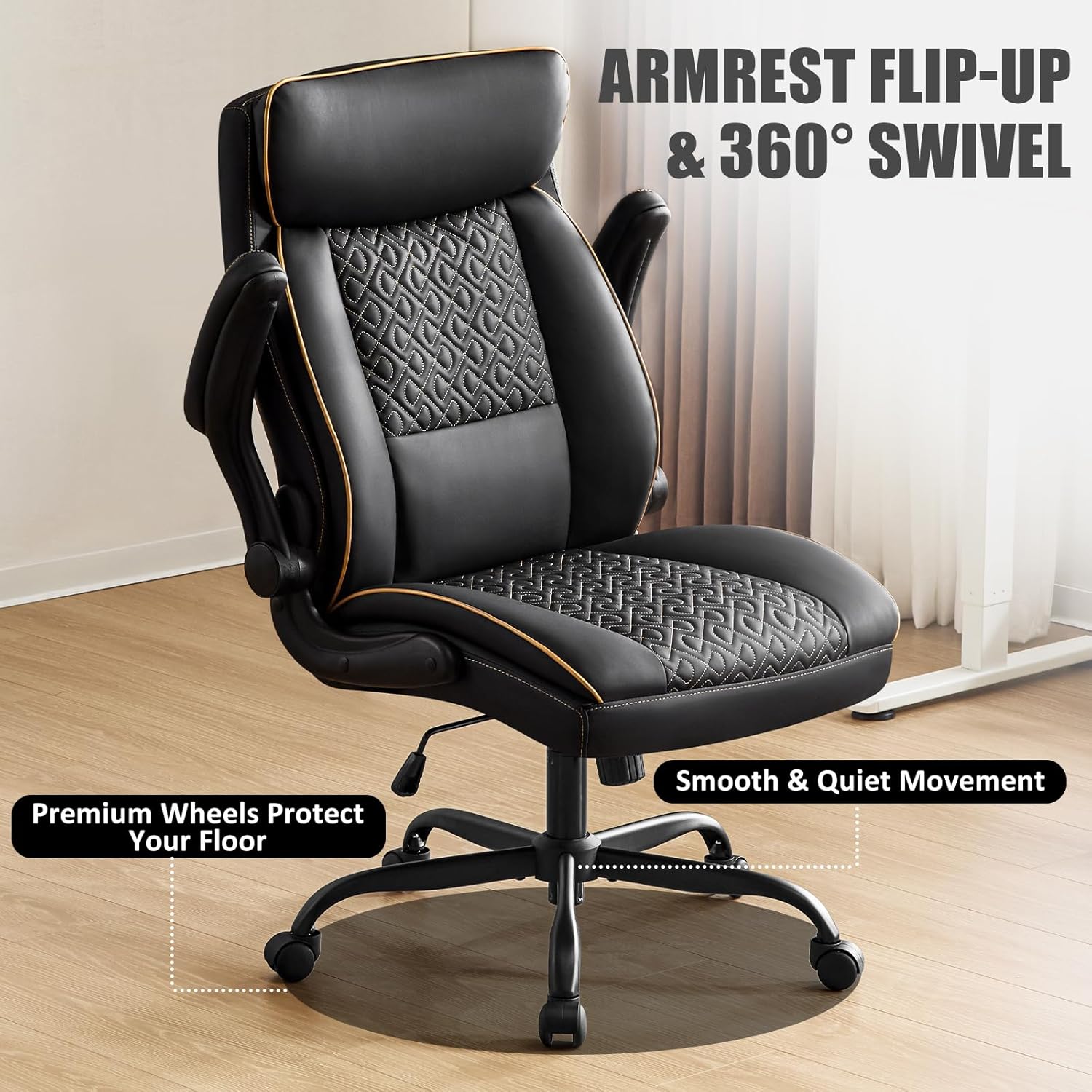 Leather Executive Office Chair, Computer Desk Chair with Lumbar Support, Comfortable Home Office Chairs 400lbs with Padded Flip-up Armrests, Height Adjustable, Tilting Function, Black