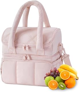 Funito Lunch Bag Women, Double Deck Insulated Lunch Box, Quilted Puffer Lunch Tote, Leakproof, Durable & Reusable Large Lunch Cooler For Work Picnic Travel Meal Prep, Camel