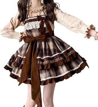 Sweet Lace Bow Lolita Dress for Teens Cute Sleeveless Wool Plaid Dress Casual High Waist Ruffle Hem Short Dress