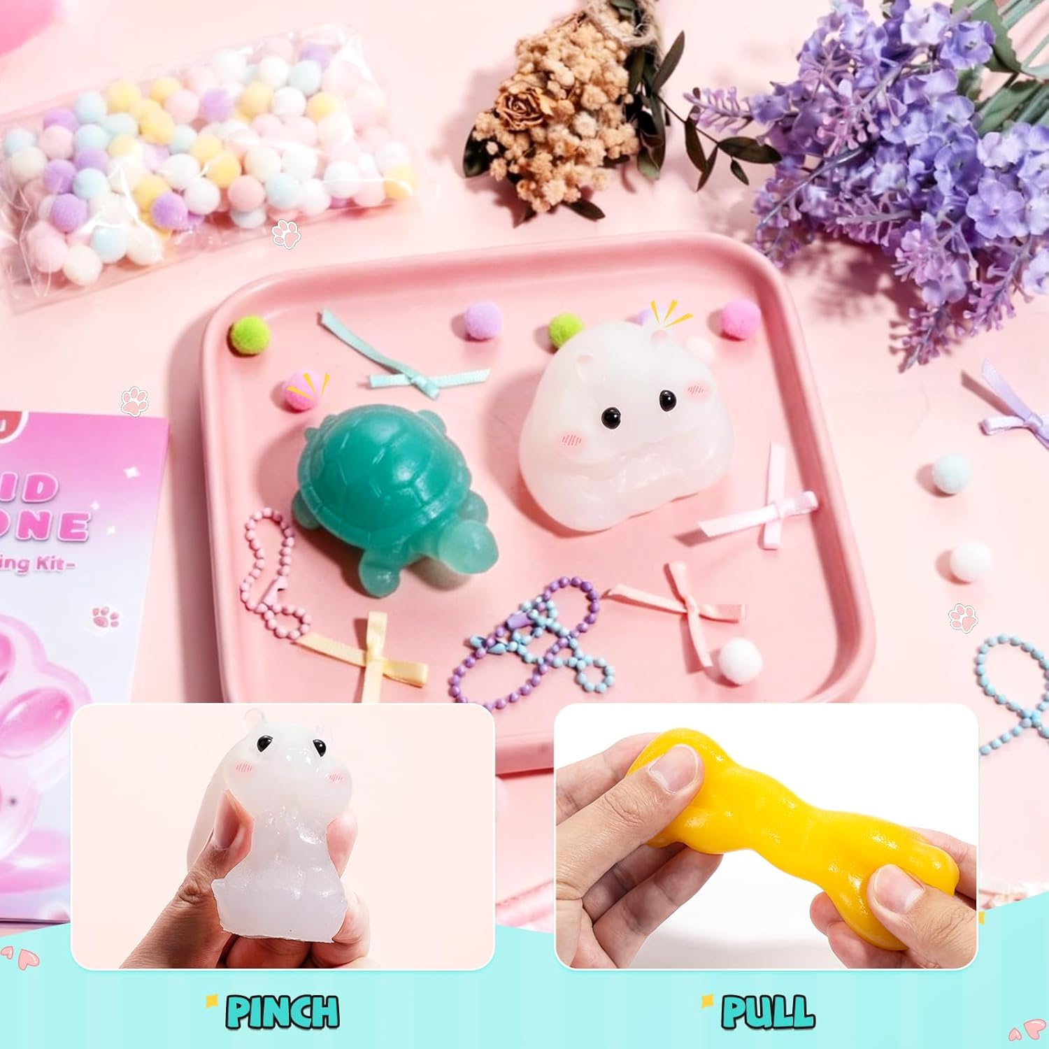 Taba Squishy Kit 17OZ - All-in-One DIY Squishy Maker Kit with 6 Cute Molds, Bubble Free,Fast Cure Flex Rubber, Flocking Powder, Guide - Stress Relief Gifts for Family,Friends
