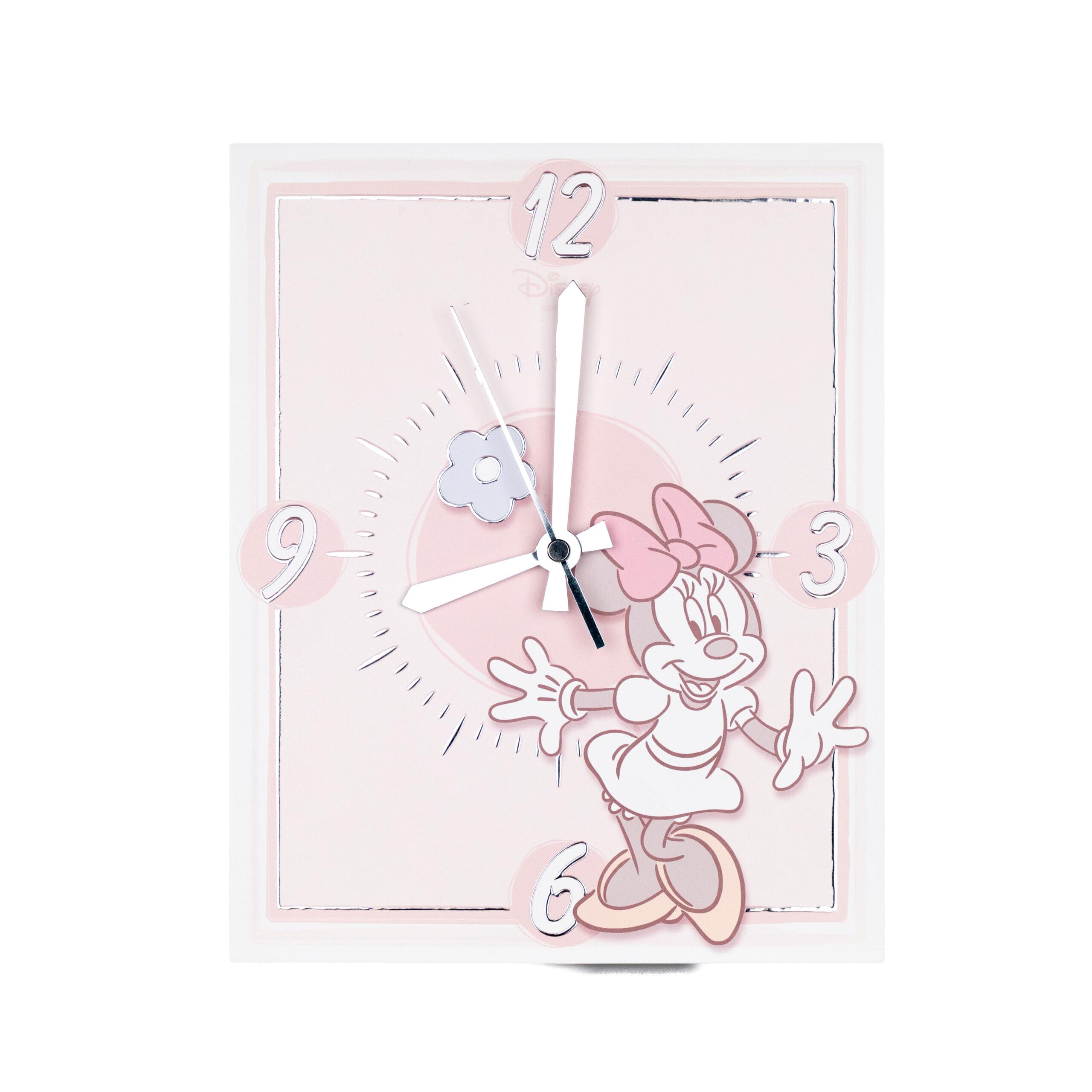 VALENTI & CO. - Disney Minnie - Tischuhr oder Hängeuhr aus Holz mit Details in Silber - Geschenkidee Geburt Mädchen oder Taufgeschenk - Wanduhr für Mädchenzimmer