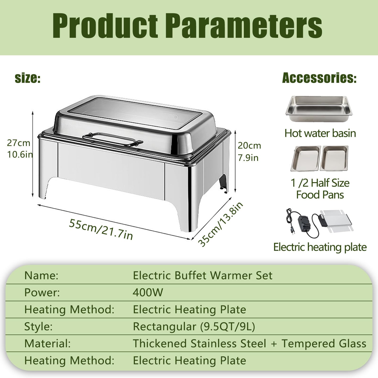 Chafing Dish Elettrico, 9L Scaldavivande Elettrico per Buffet in Acciaio Inox, Professionale ontenitore Scalda Cibo Temperatura Regolabile per Buffet, Ristoranti, Hotel(B,1/2 Pan)