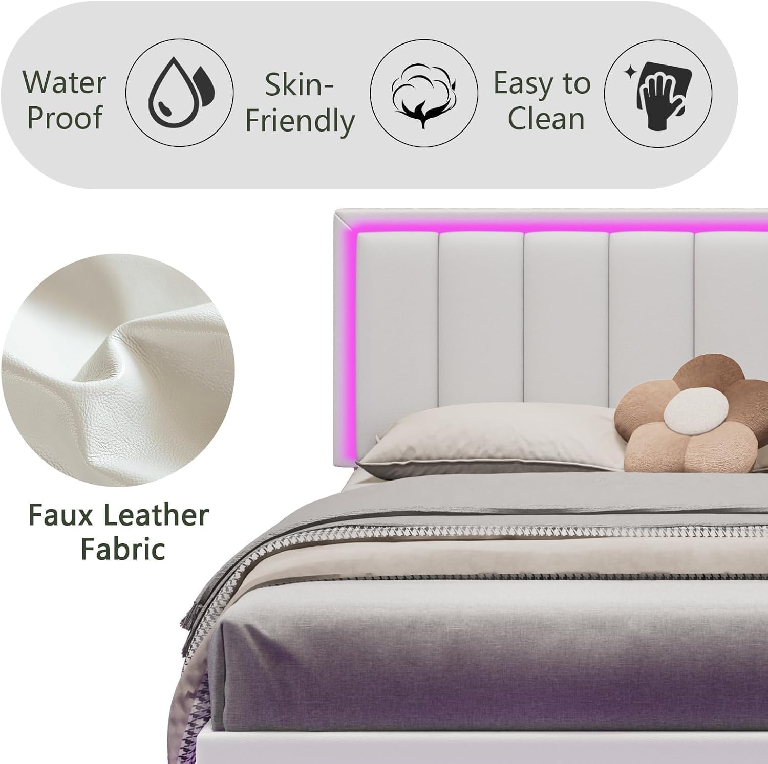 Faux Leather Fabric with icons for waterproof, skin-friendly, and easy to clean