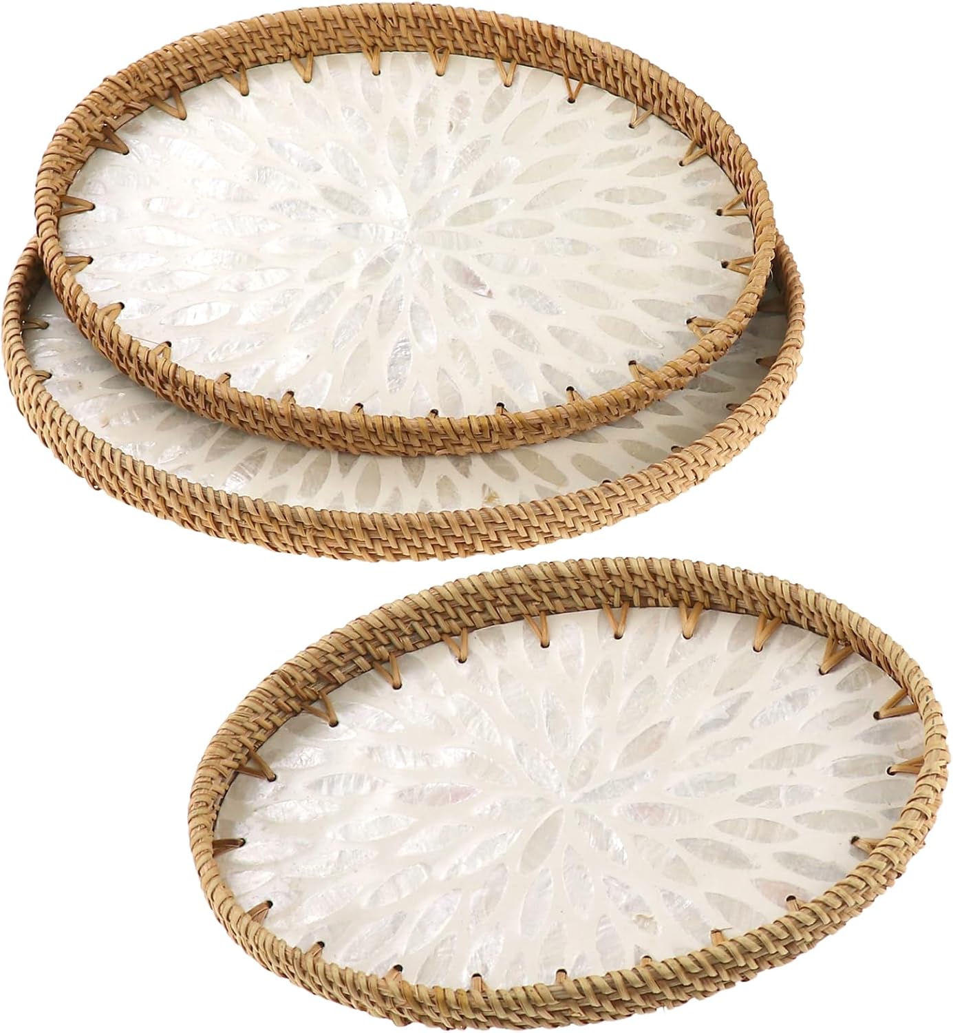 Oval Rattan Serving Tray with Mother of Pearl Inlay, Handwoven Boho Decor Breead Basket for Fruit Food Coffee Table Home Decor Kitchen 3 Pcs (White Leaves)