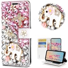 Bling Wallet Case Compatible with Samsung Galaxy Note 5 - Stylish - 3D Handmade Crystal Elephant Butterfly Flower Magnetic Wallet Design Leather Cover Case - Pink