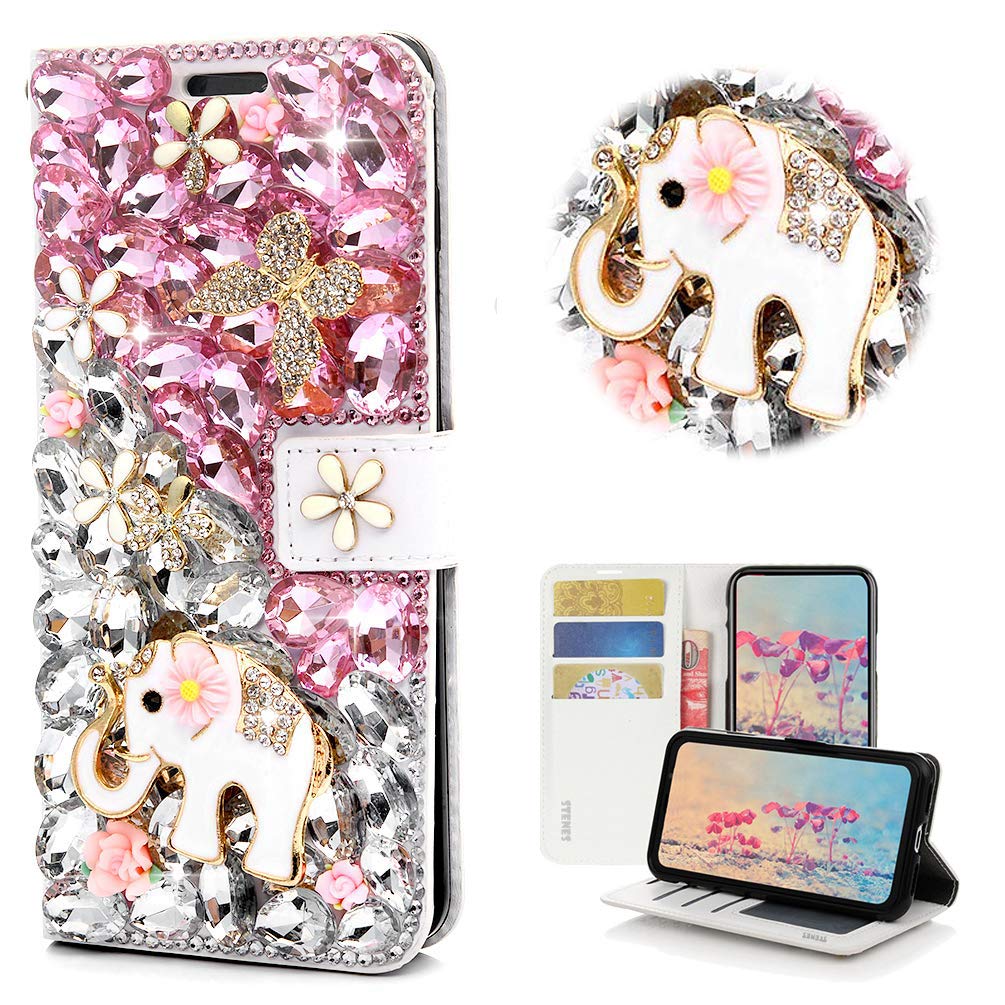 STENES Bling Wallet Case Compatible with Google Pixel 2 - STYLISH - 3D Handmade Crystal Rose Crown Bowknot Flowers Magnetic Wallet Design Leather Cover Case - Pink