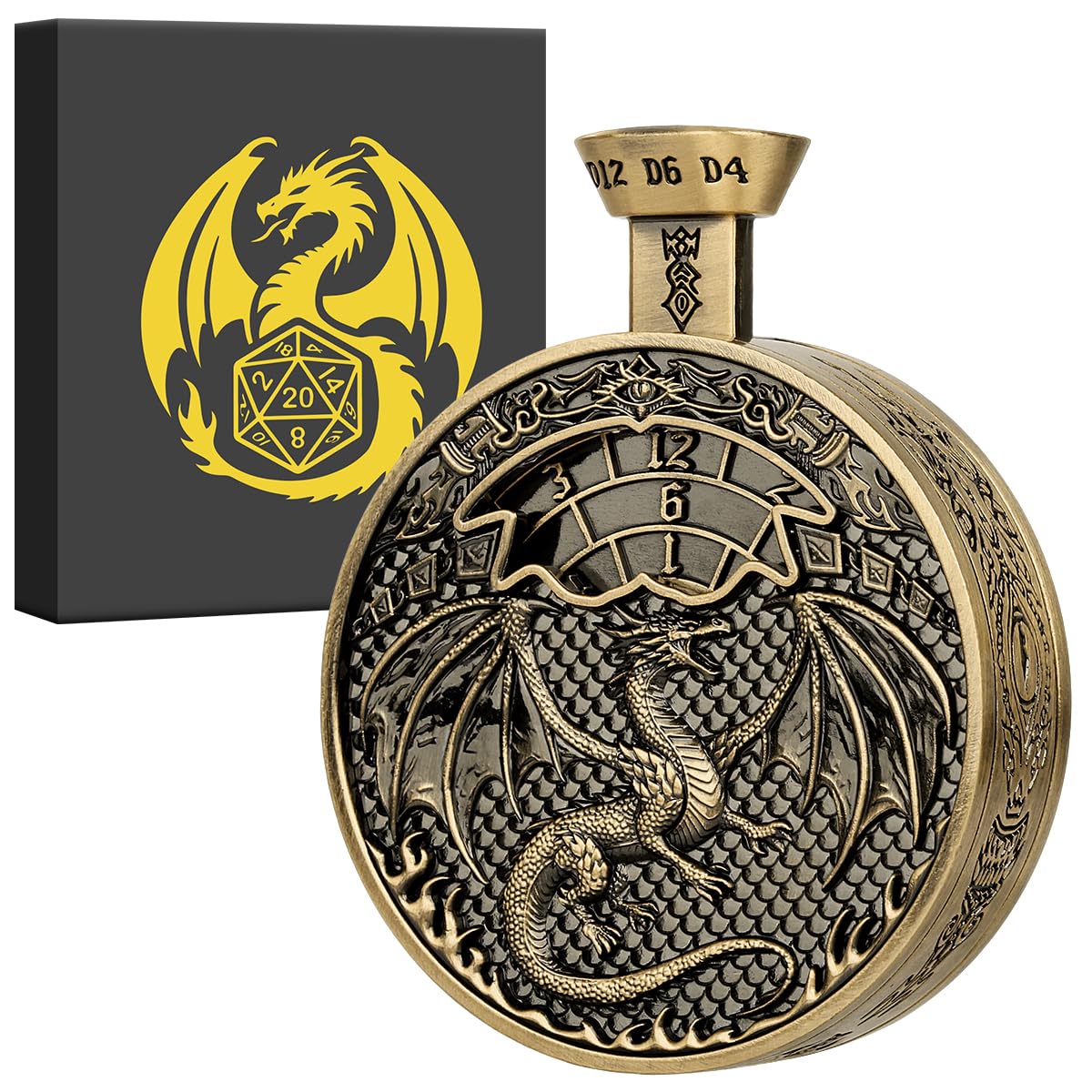 DND Fingertip Spinner Dice, Dragon and Cthulhu Pattern, Snap Type Dice Rotator, for DND Gifts with Dragon Logo Gift Box, Role Playing Board Game Accessories, Bronze