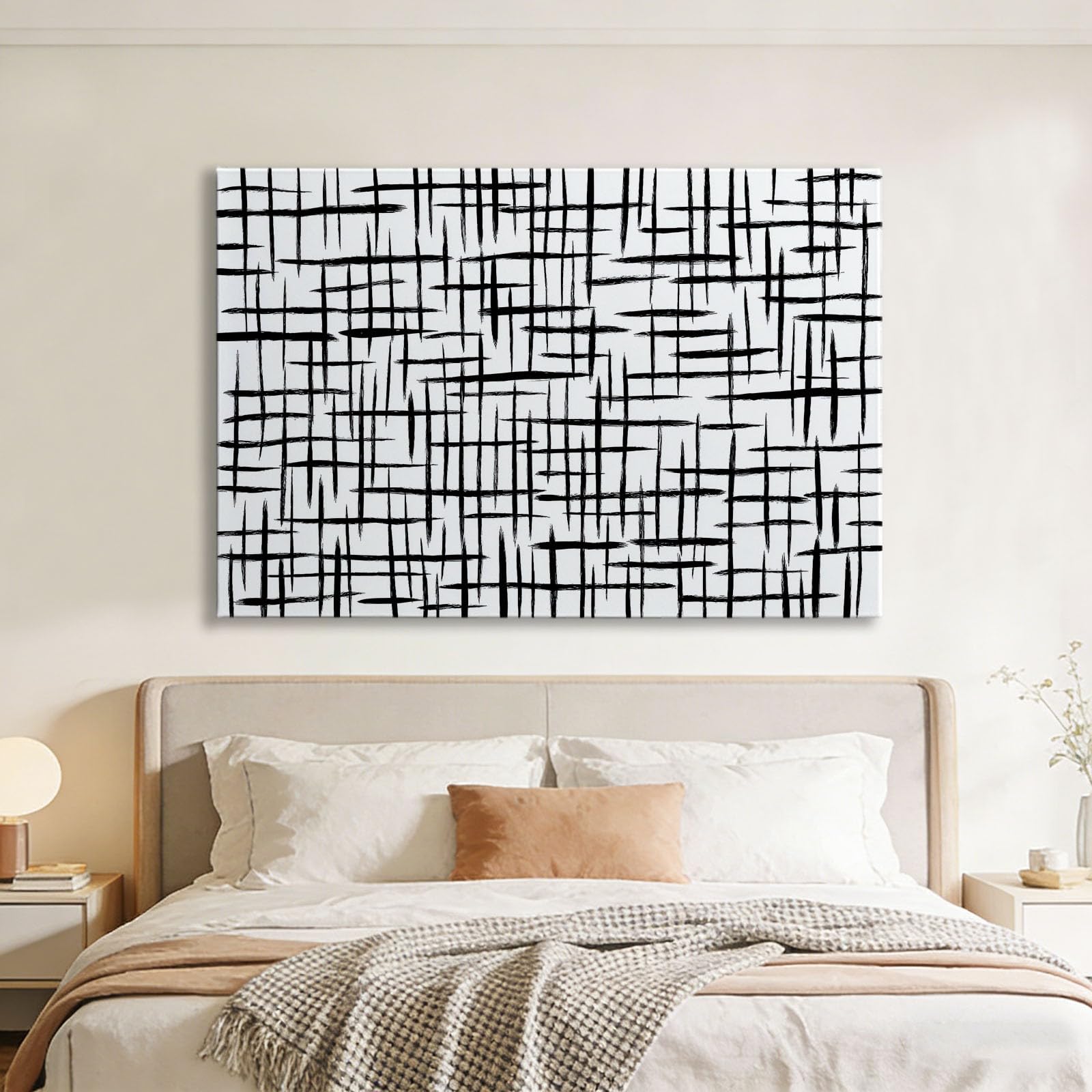 Genérico Cuadros Decoracion Salon Líneas De Cuadrícula En Blanco Y Negro 90x60cm Lienzo Decorativo con Marco Madera, Laminas Cuadro para Pared, Decoracion Dormitorio Baño Comedor Oficina Hogar