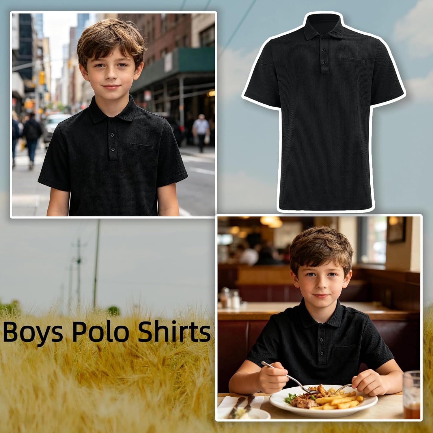 Boys Polo Shirt Casual Short Sleeve Button Down Collared Uniform Shirts Quick Dry Breathable Stretchy Golf Tops