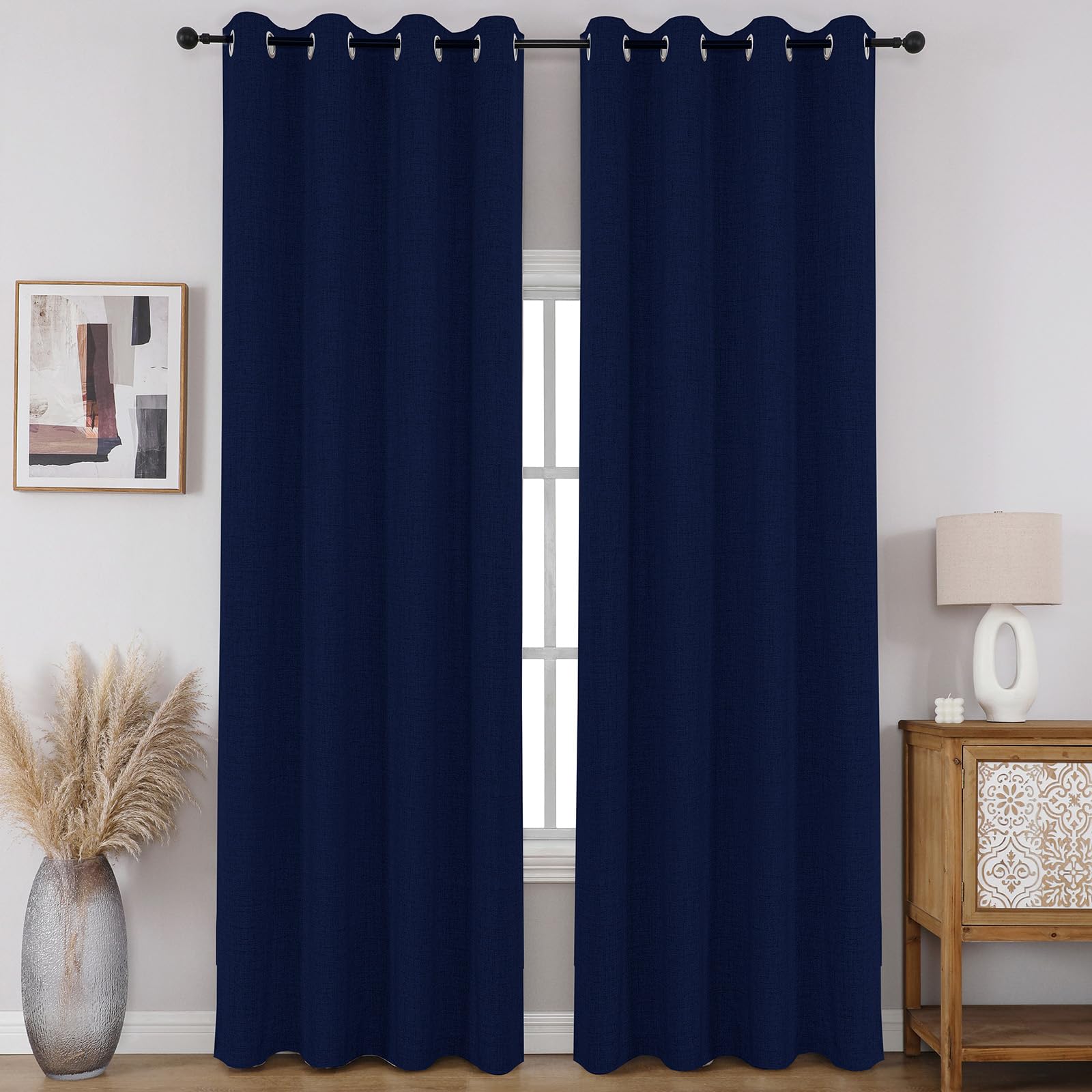 CUCRAF 100% Blackout Window Curtains 96 inches Long 2 Panels Set, Faux Linen Look Thermal Insulated Grommet Drapes, Room Darkening Curtain for Bedroom Living Room(W52 x L96 Inch, Navy Blue)