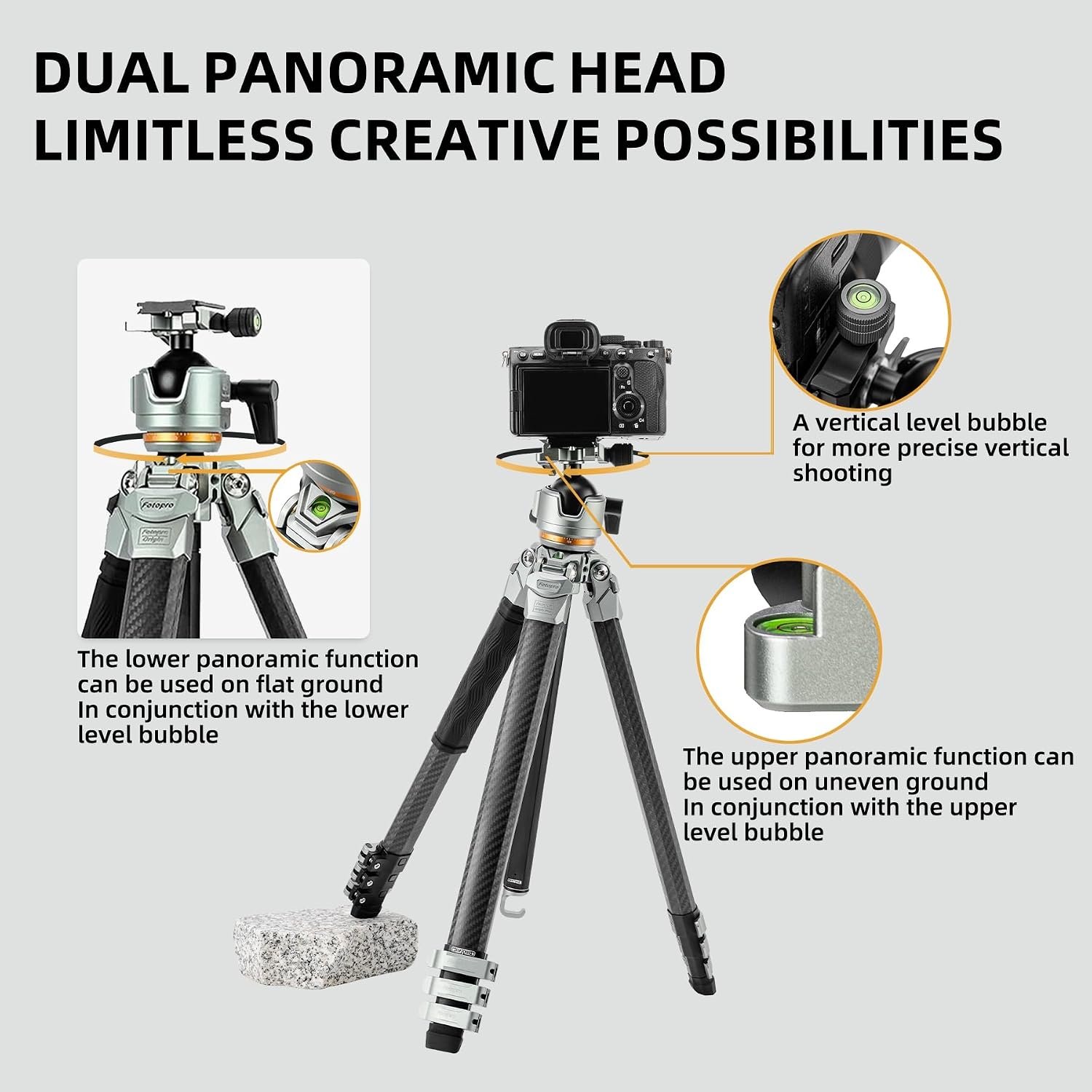 Fotopro Travel Tripod, Heavy Duty Carbon Fiber Camera Tripod Stand with 44mm Ball Head, Lightweight Compact Diamond-Shaped Legs for DSLR Photo Video, Anti-Sand & Waterproof, 44 lbs Load, Origin Plus