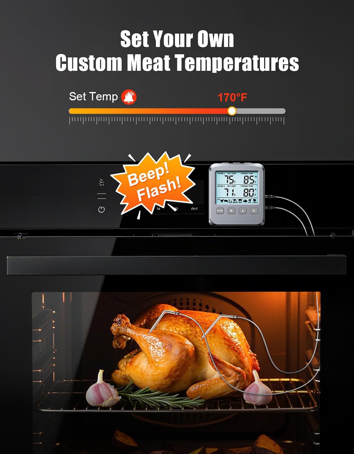 CIRYCASE thermometer displaying a set temperature of 170°F with an alarm notification 'Beep! Flash!' indicating the target temperature has been reached.