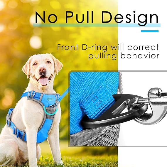 ThinkPet Çekme Koşum Takımı Nefes Alabilir Spor Koşum Takımı Kulp-Köpek Koşum Takımları Orta Büyük Köpekler için Yansıtıcı Ayarlanabilir, Kolay Kontrol için Arka/Ön Klips L Gök Mavisi