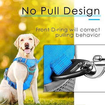 ThinkPet Çekme Koşum Takımı Nefes Alabilir Spor Koşum Takımı Kulp-Köpek Koşum Takımları Orta Büyük Köpekler için Yansıtıcı Ayarlanabilir, Kolay Kontrol için Arka/Ön Klips L Gök Mavisi