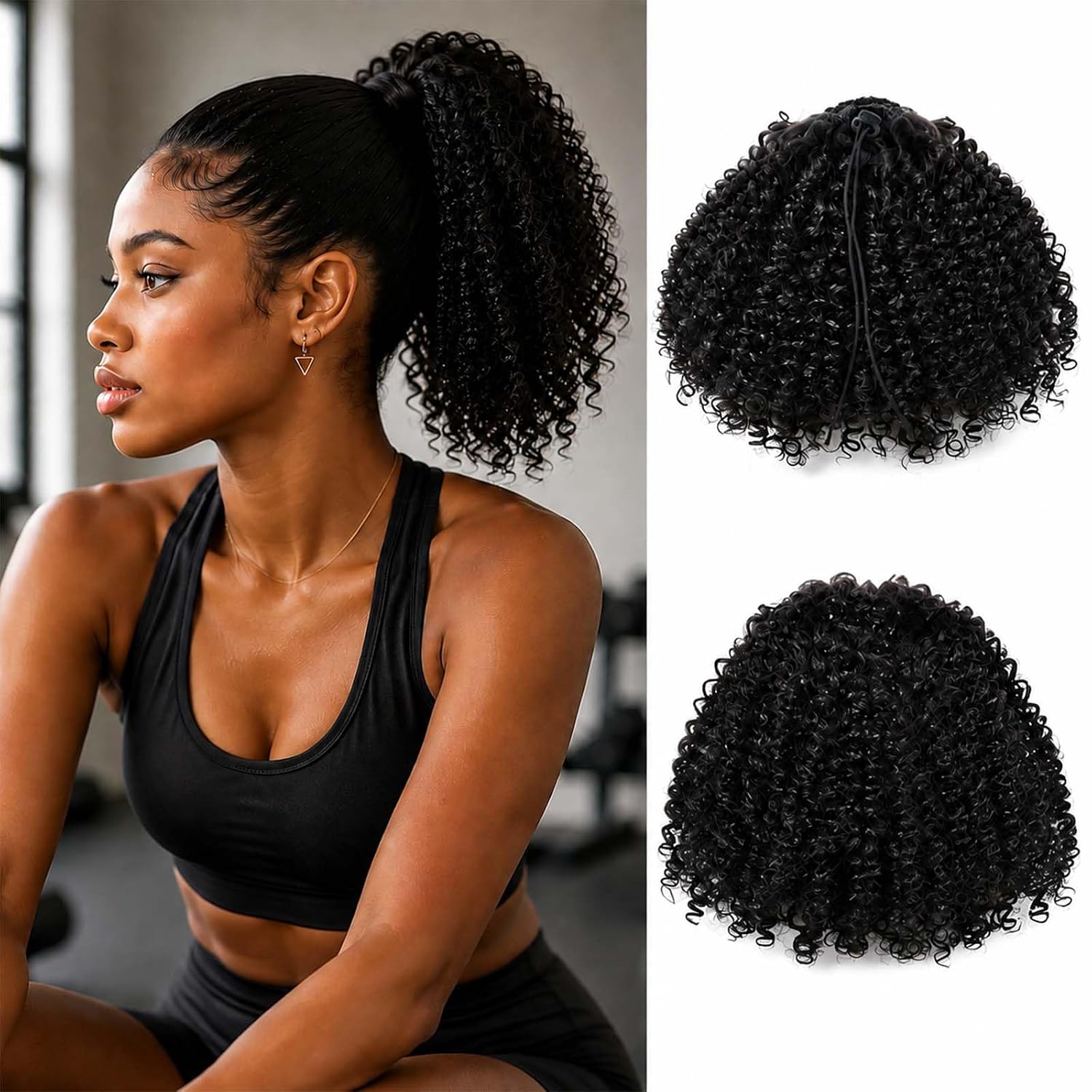 Drawstring Ponytail for Black Women，Curly Afro Puff Kinky Curly Hair (1B) | Curly Ponytail with Comb & Drawstring Closure, Protein Silk Fiber, Lightweight Natural-Looking Volume for Daily Style