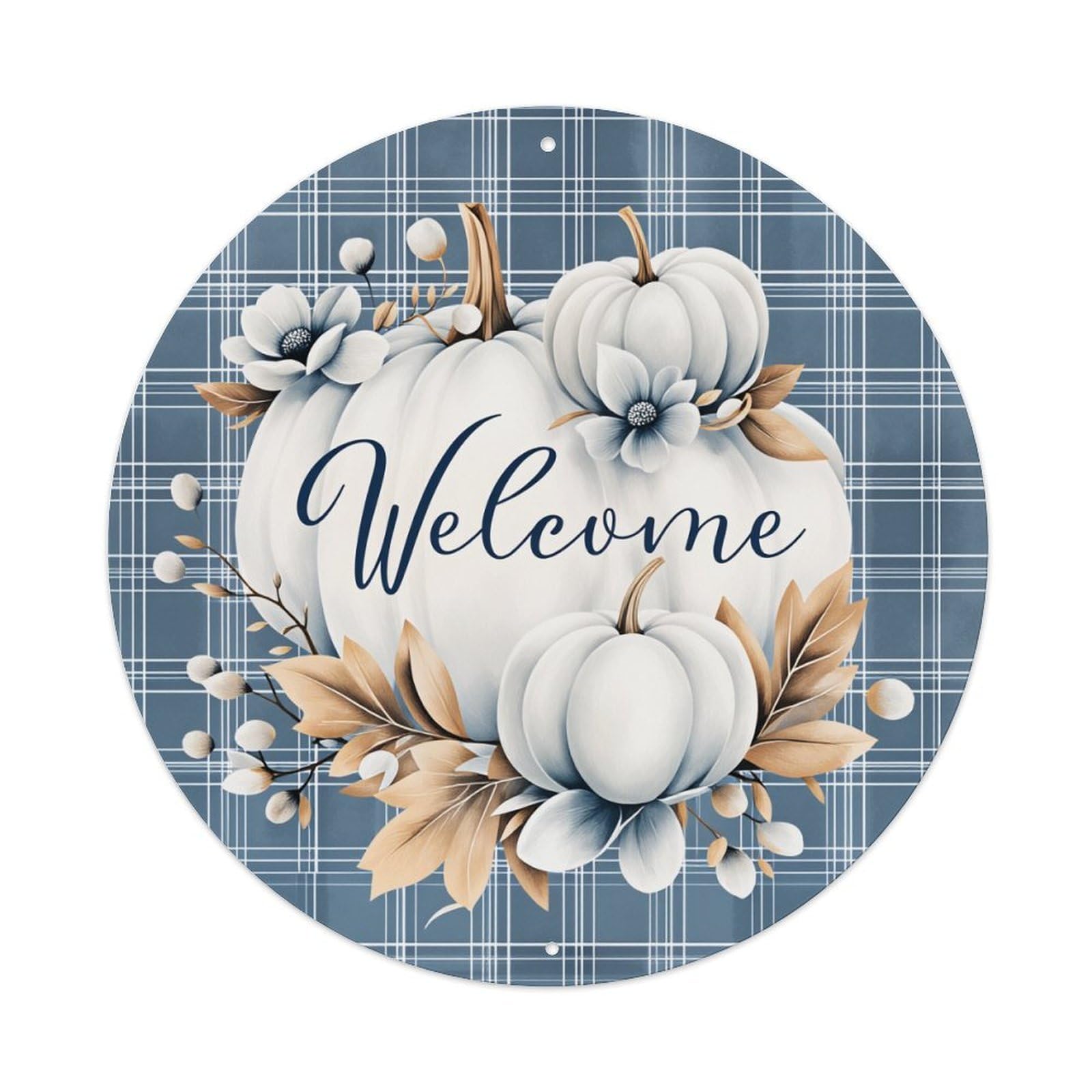 Pumpkin Floral Welcome Autumn Design Round Tin Sign Vintage Metal Poster Retro Bar, Home, Man Cave, Kitchen, Laundry Room Wall Art Decor Gift 8x8In