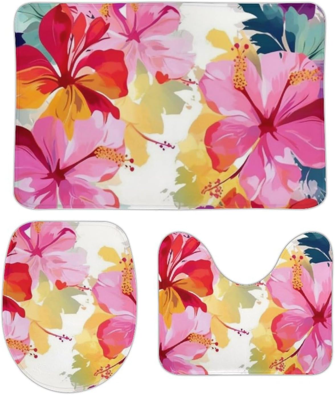Anti-Skid Floor Mats 3 Piece Set,Hawaiian Flower Print Printed Coral Fleece Bathroom Mats U-Shaped Contour Mat Toilet Seat Cover for Bathroom, Tub, Shower, Kitchen 19.7"x31.5"