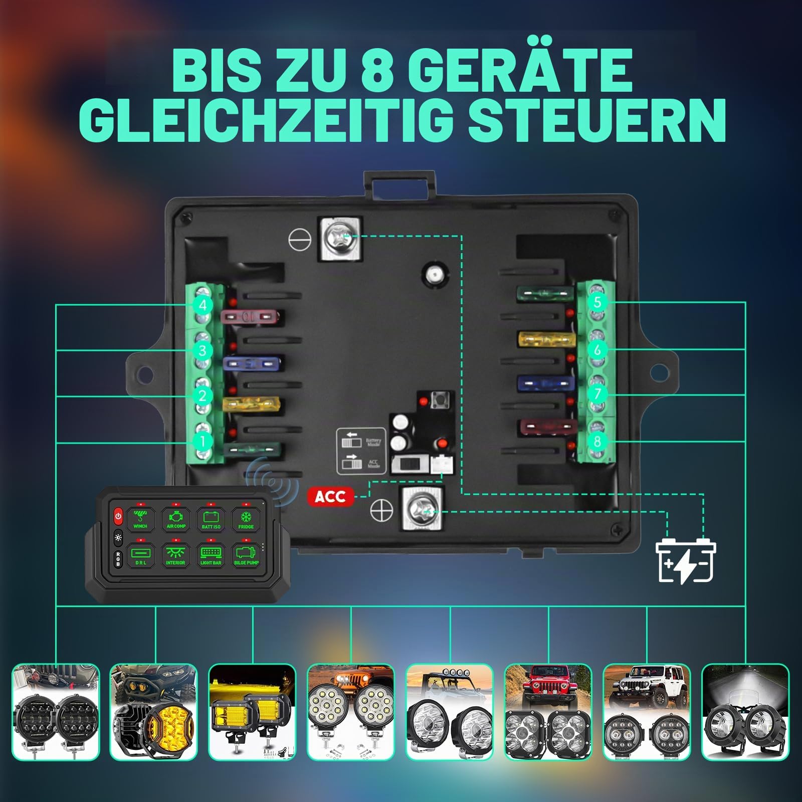 Chelhead 8 Gang Kabelloses Schaltpanel Kit Steuerung bis zu 81m 12-24V | Schaltkreissteuerung Relais-Systembox Multifunktions-Schaltpanel 4 Lichtsteuerungsmodi kompatibel mit Marine ATV UTV SUV Boot