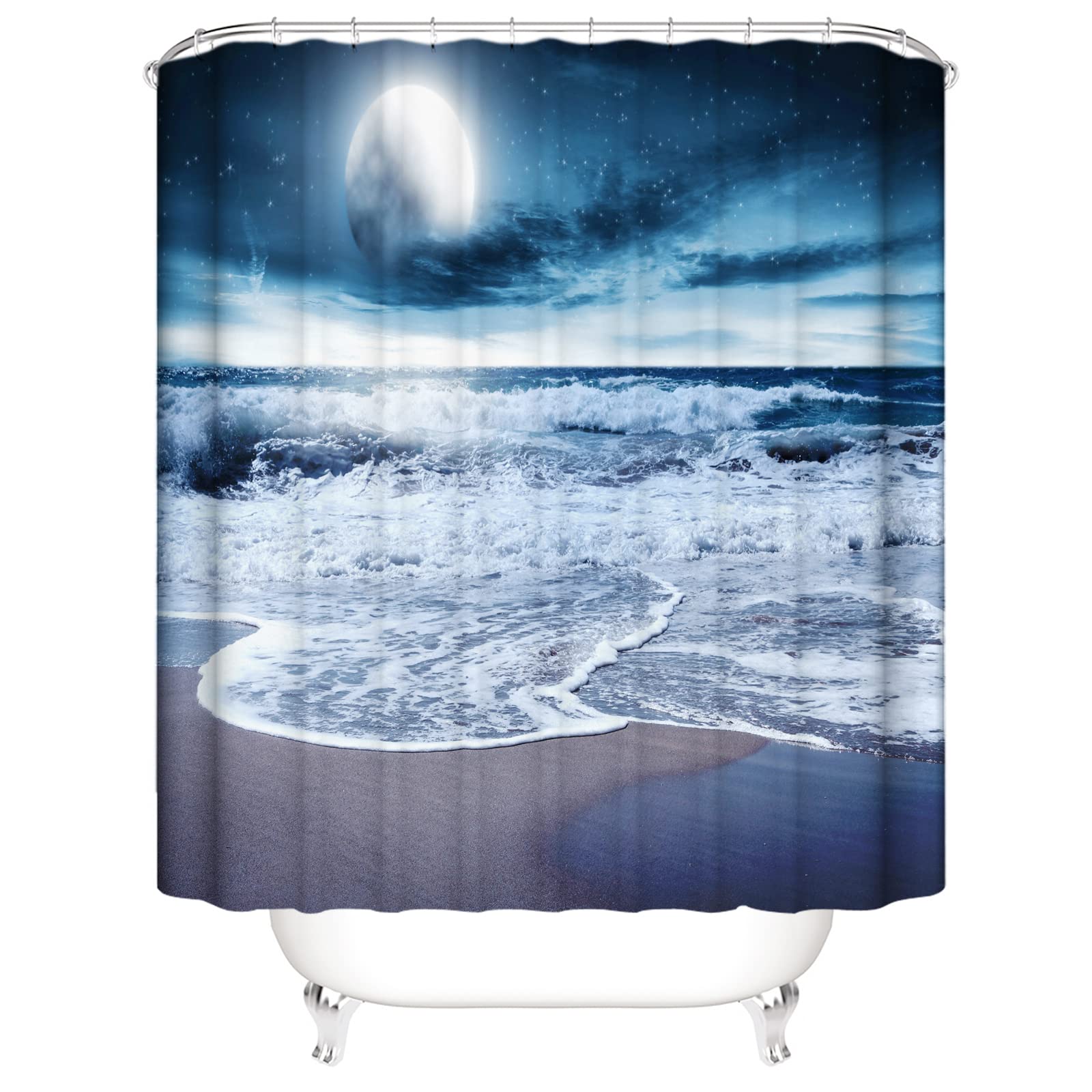 Tenda Doccia Stampa 3D Tema Mare - Blu Scuro E Bianca, 240x200 Cm, Poliestere Impermeabile E Antimuffa