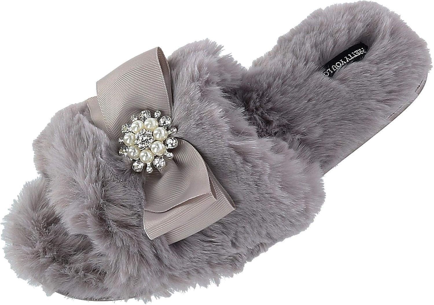 Pretty You London Faux Fur Bow Slippers with Rhinestones - Open Toe House Slides in Mink (sizes Small to XLarge)