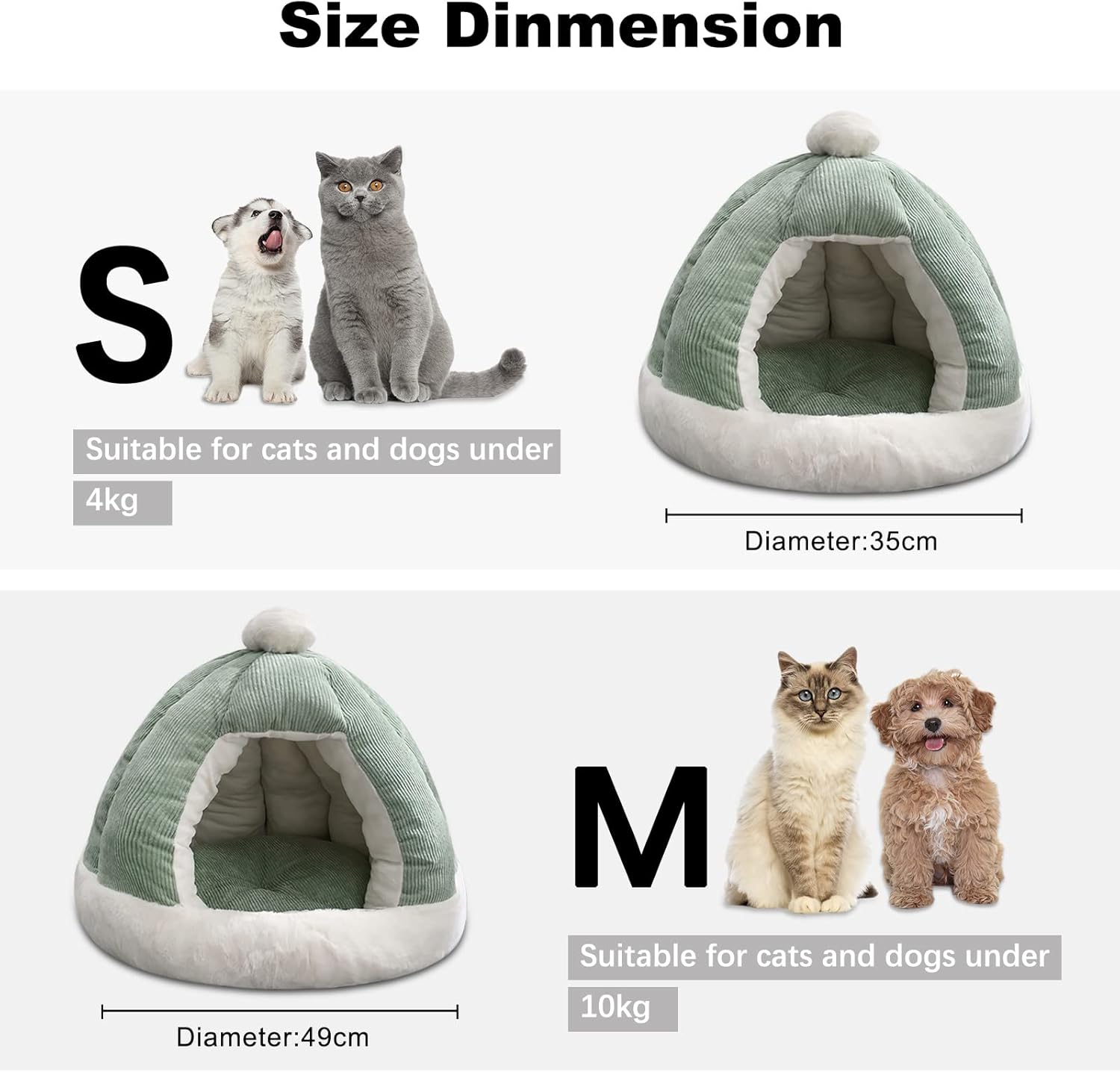Cat Cave Bed, Cat Tent Bed House with Removable Washable Cushion, Soft Plush Cat Igloo Bed, Improve Sleep, Pet Bed for Kitten and Puppy(M, Green)