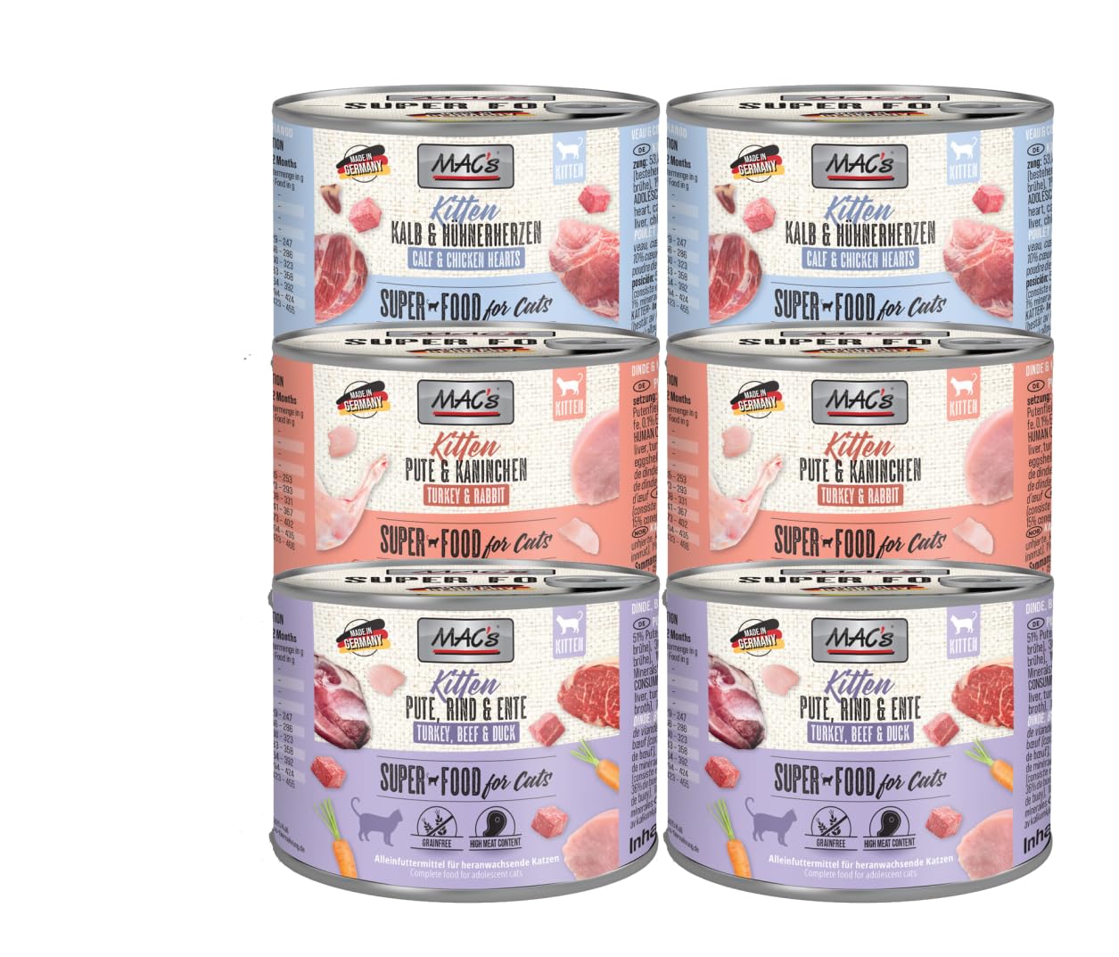 Mac's SuperFood Katzenfutter Mix 200g | 6er, 12er und 24er Mix zur Auswahl | getreidefreies Nassfutter für Katzen (6X 200g Kitten)