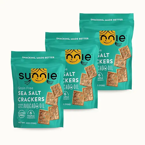 Sunnie Gluten Free Crackers, Healthy Grain-Free Sea Salt Cracker, Snacks for Kids & Adults, Made with Avocado Oil, Only 6 Ingredients, Vegan Snack, Low Calorie, 4 Oz, Pack of 3 1