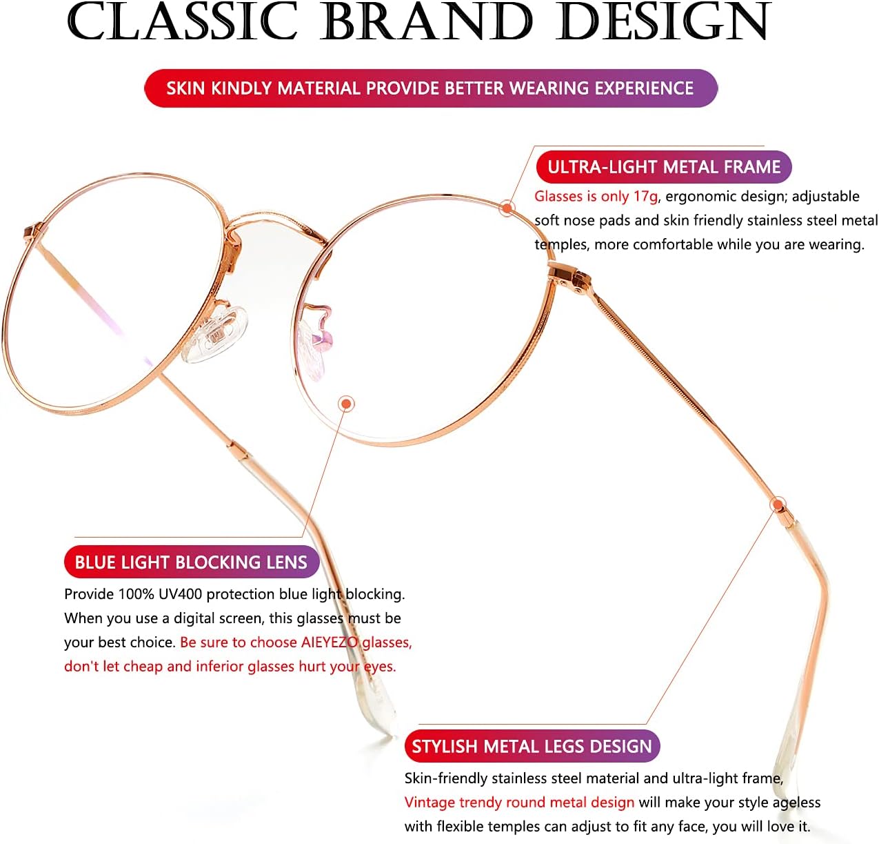 AIEYEZO Blue Light Glasses for Women Men Fashion Retro Circle Wire Frames Eyeglasses Anti-Blue Light Computer Gaming Glasses image 5