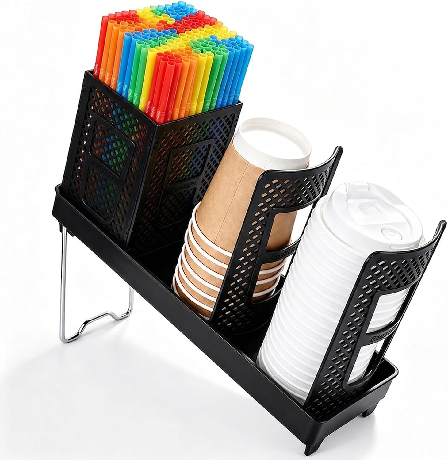 Plastic Coffee Cup & Lid Holder Dispenser with Detachable Straw Organizer | 3-Compartment Design; Fits 10-24 oz Paper or Plastic Cups; Space-Saving Countertop Organizer for Café & Office Breakroom