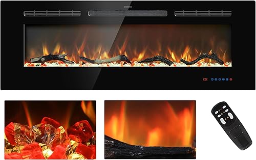 Insertos de chimenea eléctrica de 50 pulgadas, calentador de chimenea empotrado y montado en la pared, chimenea lineal con termostato, control