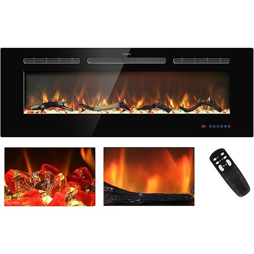 50 inches Electric Fireplace Inserts, Recessed and Wall Mounted Fireplace Heater, Linear Fireplace w/Thermostat, Remote & Touch Screen, Multicolor Flame, Timer, Logs & Crystal, 750W/1500W