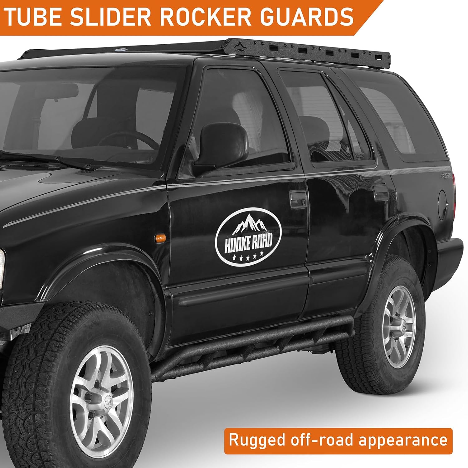Hooke Road 95-05 Blazer Rock Slider Rails Offroad Protection Running Boards for 1995-2005 Chevy Chevrolet S10 Blazer (4-Door Only), Tube Sliders Rocker Guard Nerf Bars