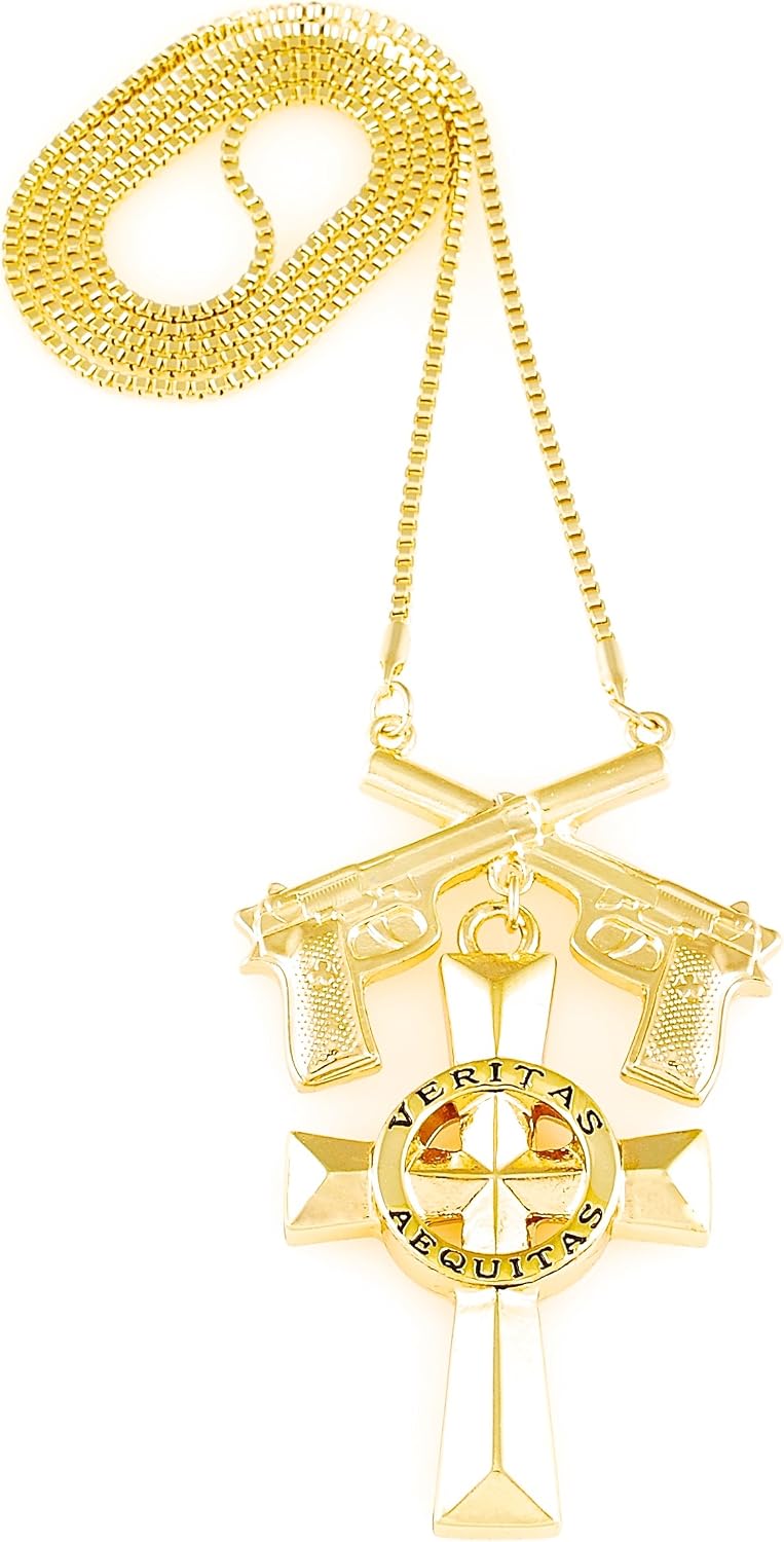 GWOOD Veritas Aequitas with Guns Gold Color Pendant with 30 Inch Box Link Necklace