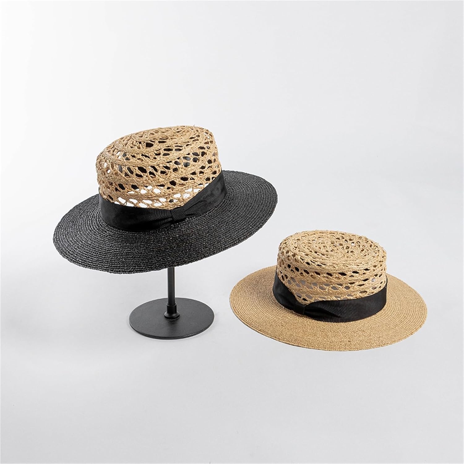 Women’s Raffia Straw Sun Hat with Decorative Ribbon, Hollow Out Wide Brim Flat Top Hat for Summer Outdoor Beach