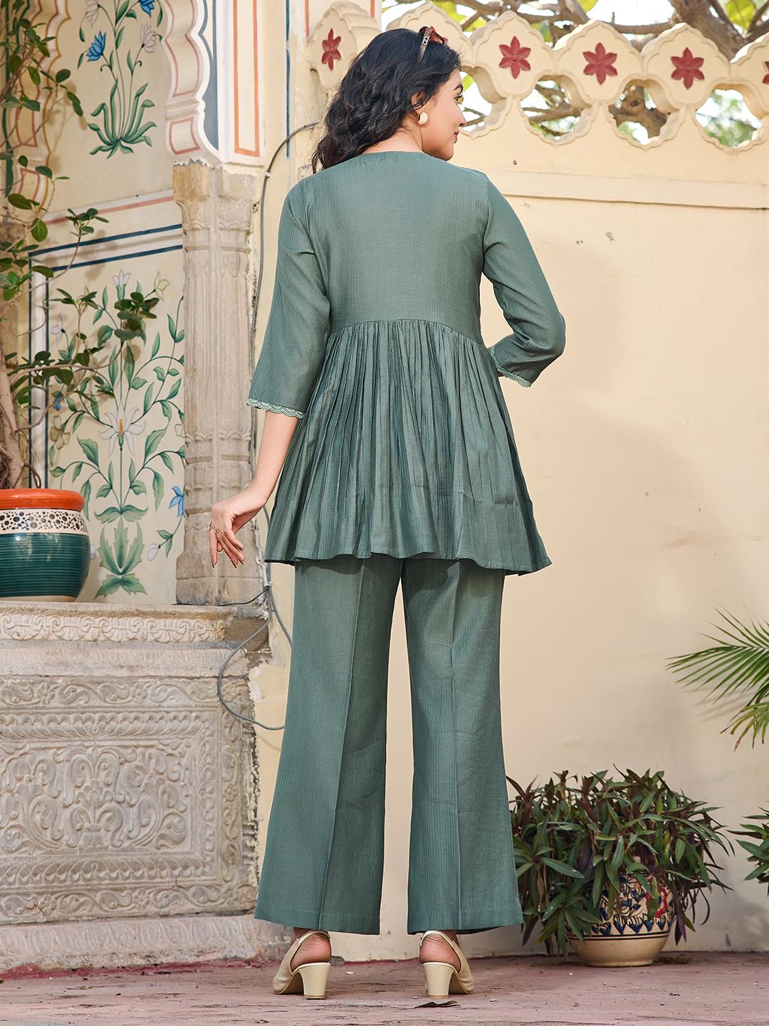 VIBE VISION 2-Piece Women's Co-ords Set - Silk Blend V-Neck 3/4 Sleeve Regular Fit Casual Shirt & Trousers Solid Design (DUSTY (GREEN, XXL) 1