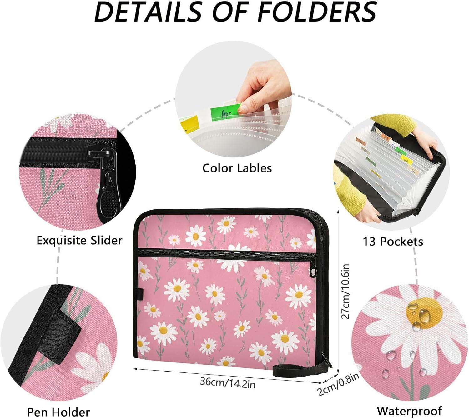 Daisy Flower Expanding File Pocket Folder Organizer Pink Print Accordion File Organizer 13 Pockets Expanding File Folders Portable Bill Receipt Organizer